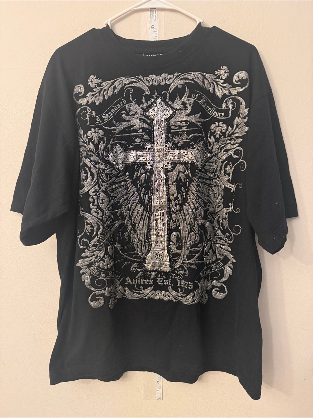 Avirex Black Tee with Ornate Silver Cross and Wings